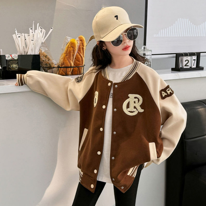 Chaquetas para niñas, trajes de béisbol para niños de primavera 2024, ropa para niños nuevos, ropa de primavera y otoño para niñas, tops de estilo occidental para niños grandes