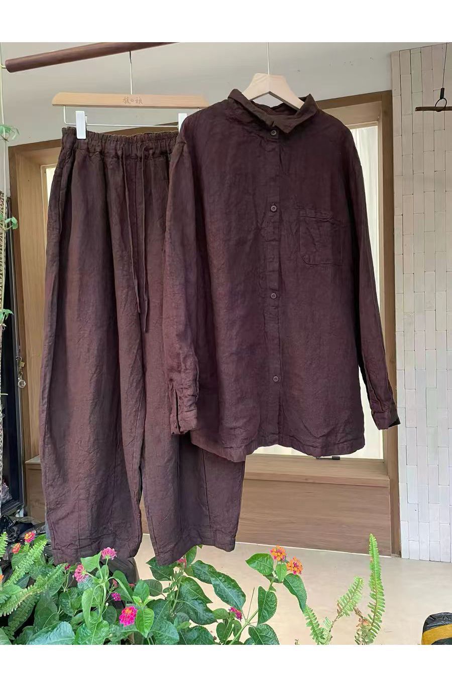 Retro Vintage Style Women's Linen Two Piece Suit High End Cotton And Linen Brown Shirt Casual Pants Spring Relaxed Fashionable_ecoleips.com