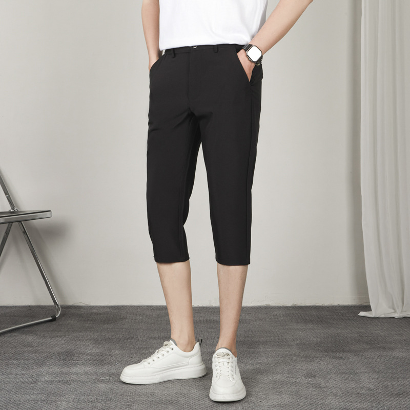 Cropped Pants Men's Summer Ice Silk Thin 7-point Casual Pants Straight Slim-fit Over-the-knee Pants Men's Korean-style Mid-length Pants