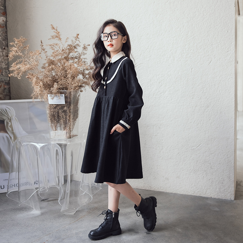 Estilo coreano niños medianos y grandes 2024 niñas estilo preppy Vestido de manga larga Otoño e Invierno niñas camisa roja cuello contraste vestido de color