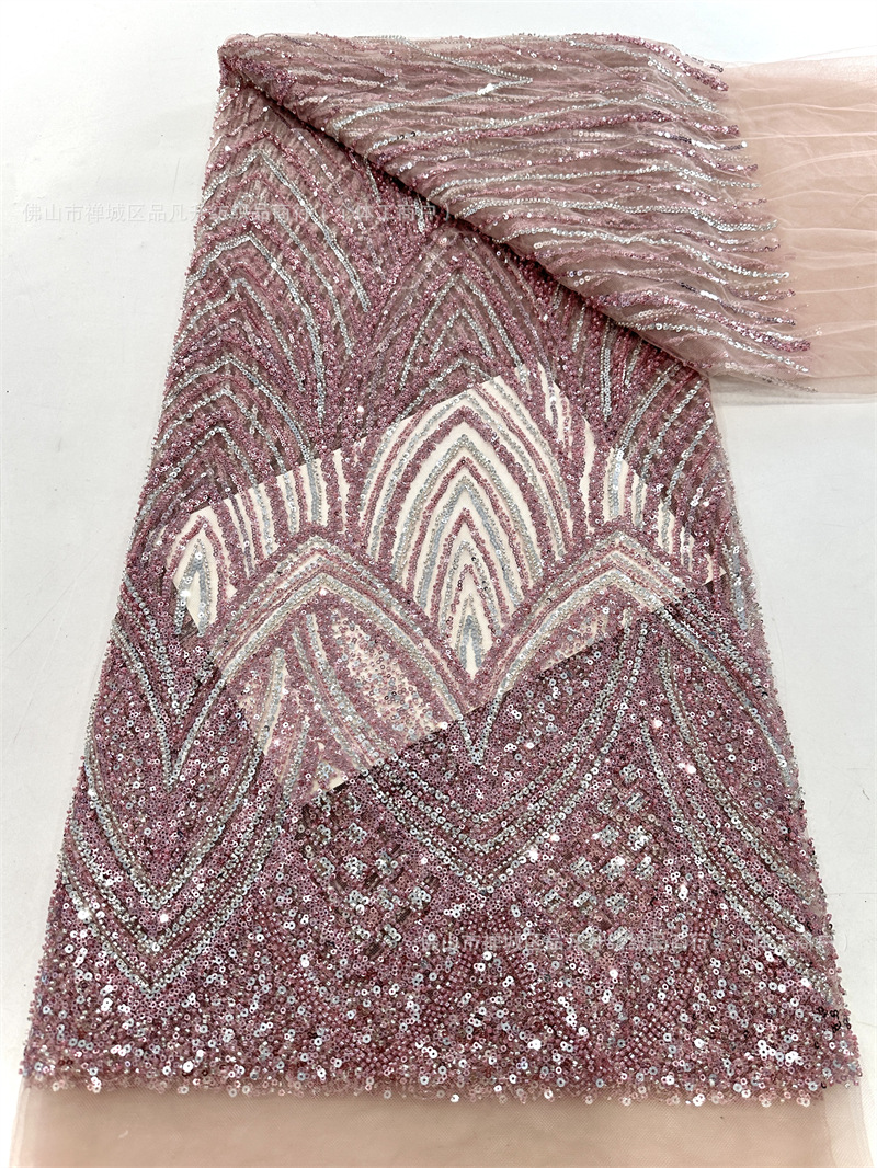 Tejido de malla de sequinilla de dos colores de moda de alta fijación de perlas de tela bordada europea y americana vestido de boda vestido de tela