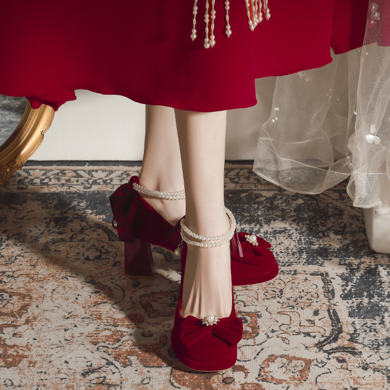 F789-27 bow Mary Jane high heels women's thick heel waterproof platform thick bottom small height wedding shoes 34-40
