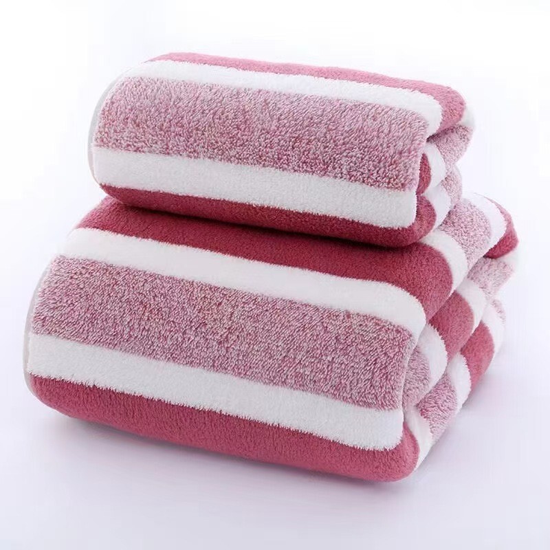Cross-border wholesale coral fleece towel set for adults, simple wide-striped bath towel, warp-knitted thickened absorbent towel Cross-border wholesale coral fleece towel set for adults, simple wide-striped bath towel, warp-knitted thickened absorbent towel