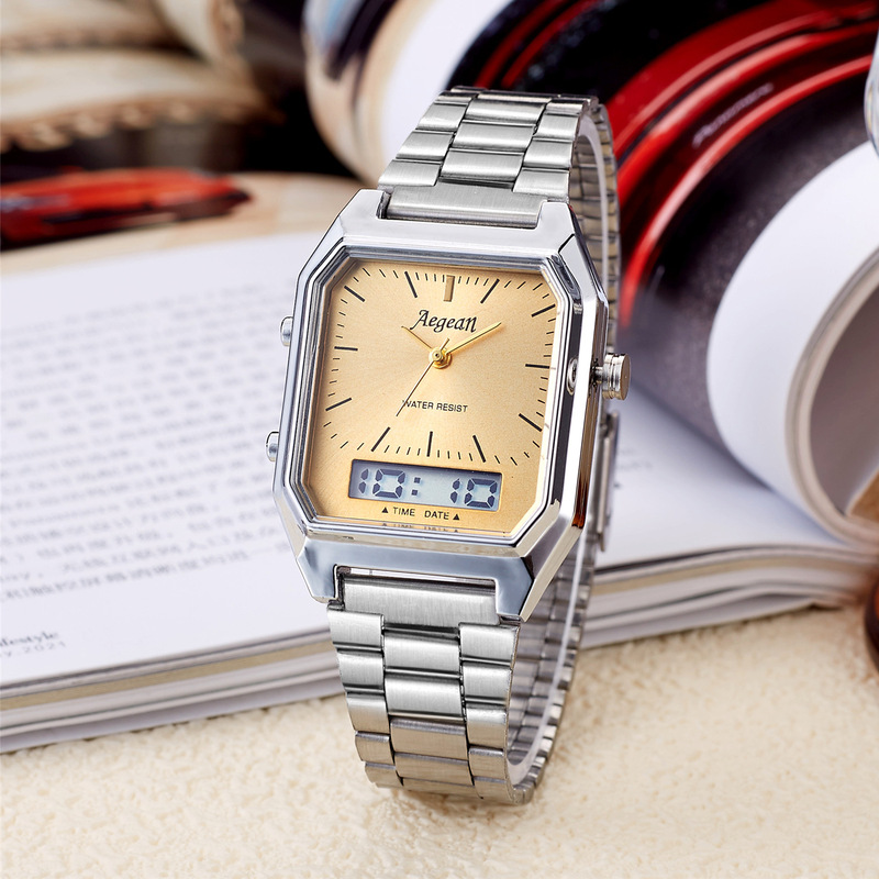 Simple Retro Quartz Watch, Rectangular Steel Band, Dual Display, Small Silver Watch, Multi-Functional Waterproof Luminous Electronic Watch