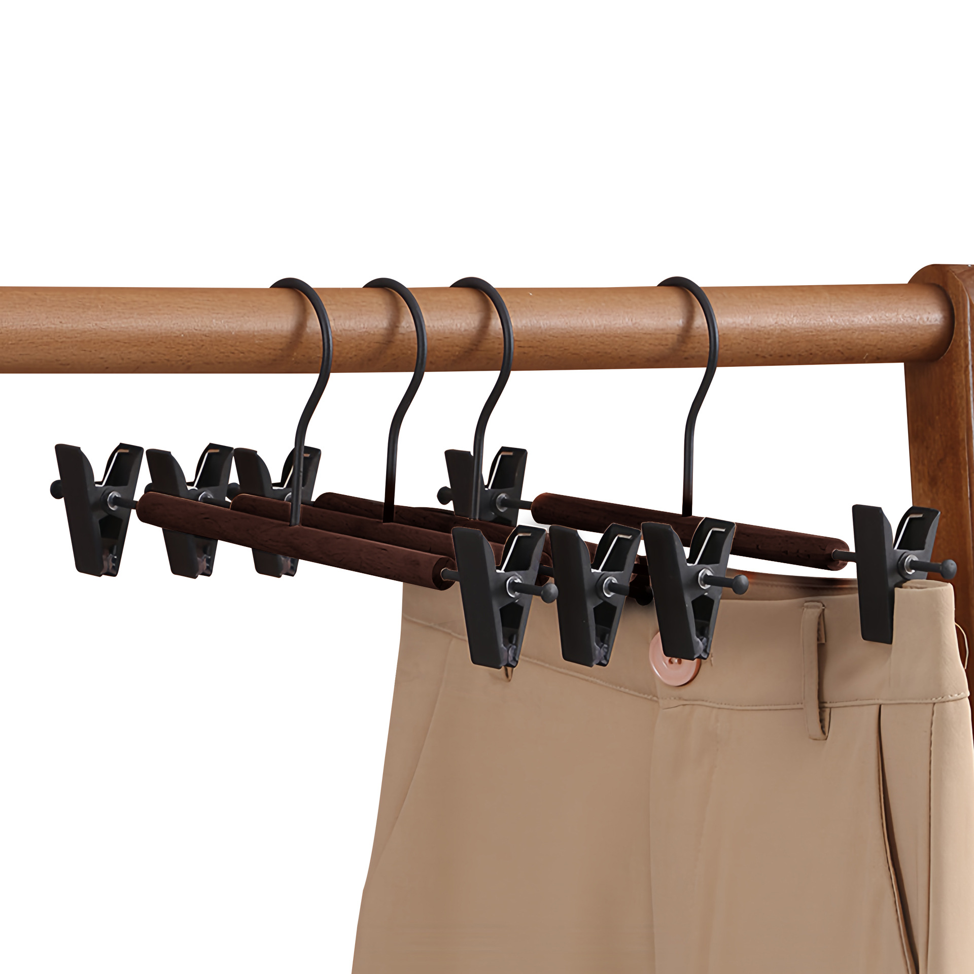 Pantalones de madera sólida, abrazadera de pantalones de madera doméstica, artefactos de almacenamiento sin rastro, percha de ropa, ropa colgante, ropa de sol, ropa de sol, ropa de sol