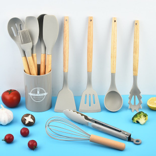 in stock Household Wooden Handle High Temperature Resistant Kitchenware Silicone Spatula Non-stick Pan Frying Shovel Soup Spoon Baking Tools 12 Pieces suit