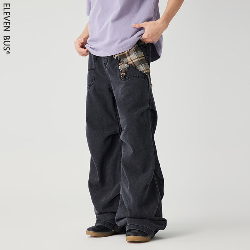 Lewei Men's Clothing | Pleated Men's Jeans High Street Washed Distressed Loose Straight-Leg Cleanfit Wide Leg Cargo Pants