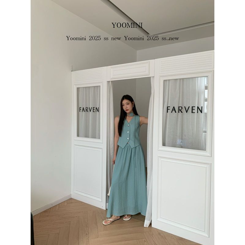2025年夏季时尚韩系淑女v领无袖马甲背心+宽松高腰半身裙套装时髦|undefined