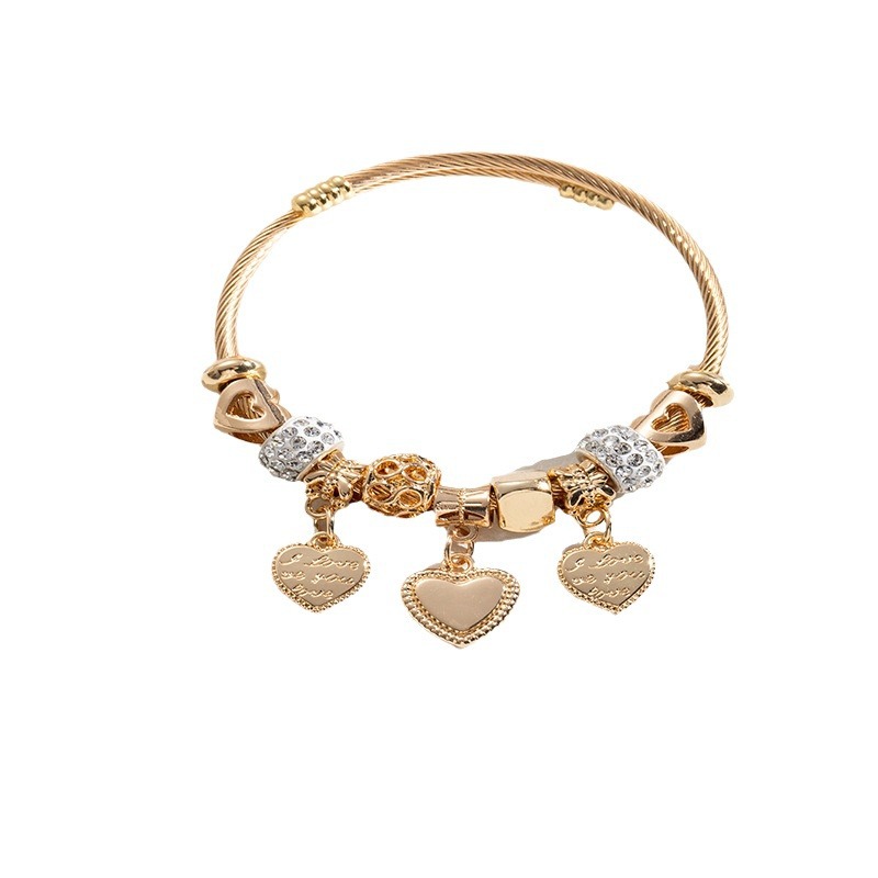 Panjia pulsera Dora DIY cuentas transfronterizas explosión de aleación en forma de corazón tallado colgante de letras de acero inoxidable brazalete de bola de perforación