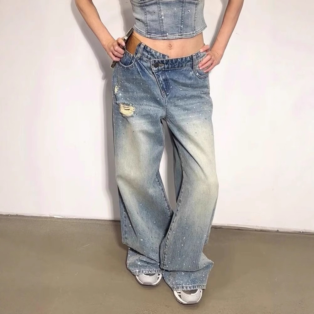 American Retro Washed Rhinestone Ripped Jeans For Women Hot Girl Design Deconstructed Dislocation Stitching Floor Length Trousers_mkmklike.com