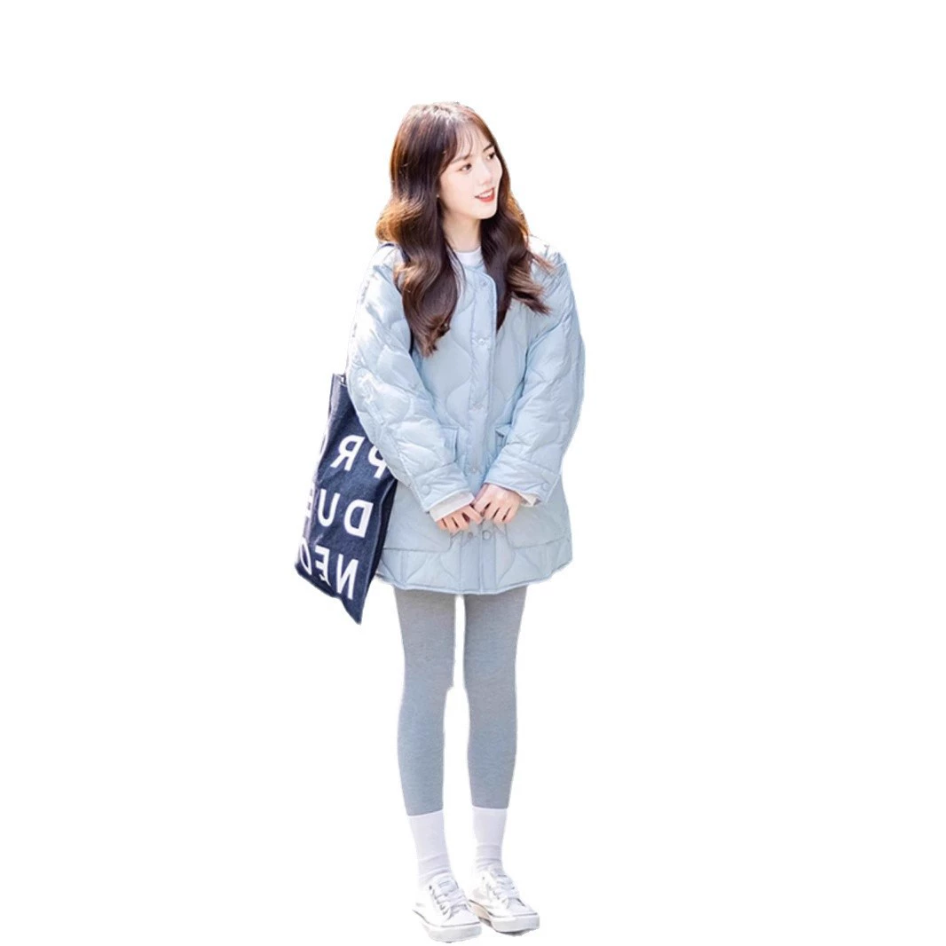 Blue down jacket with diamond pattern with a round collar, Chanel style