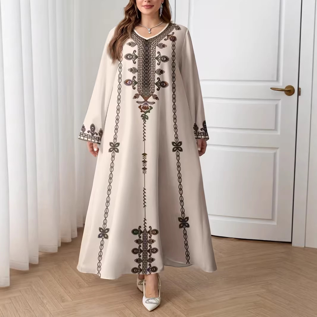 Middle Eastern Cross-border Muslim Women's V-neck Printed Loose Elegant Robe Ethnic Style Long-sleeved Dress Custom-made_ecoleips.com