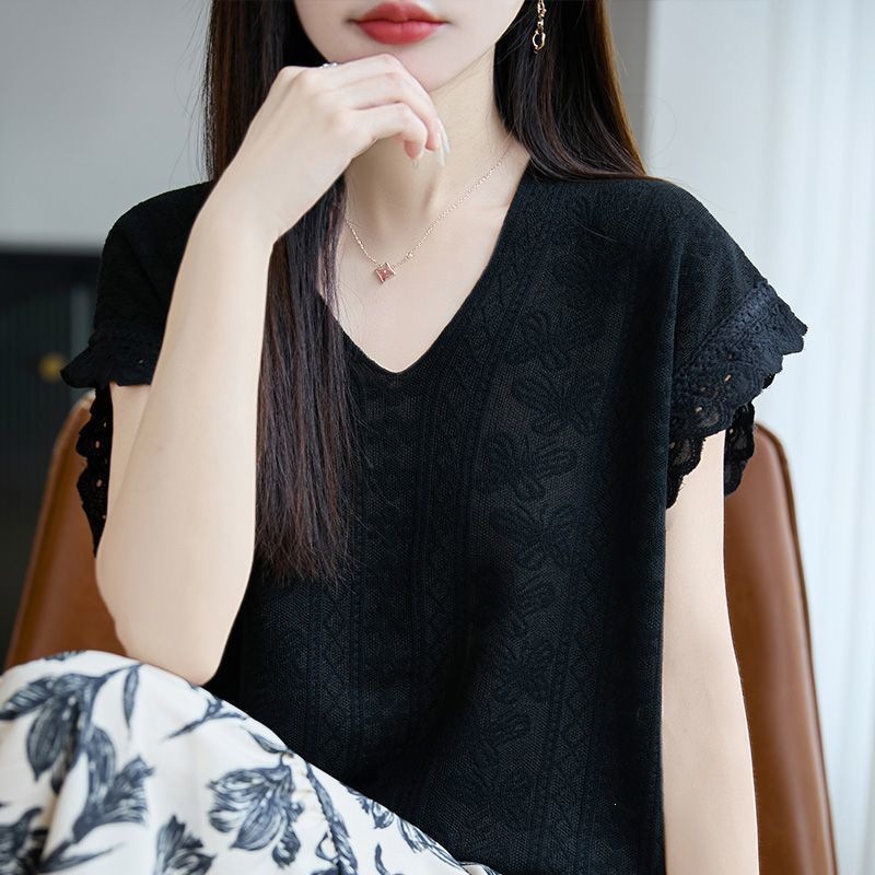 Áo thun nữ cổ V ngắn tay dệt kim Jacquemard phong cách Pháp, form rộng suông che khuyết điểm — 965 # Khí chất đen [chất lượng cao] Nhẹ và thoáng khí, 965 # ánh trăng trắng [chất lượng cao] rộng rãi gầy chi tiết 11