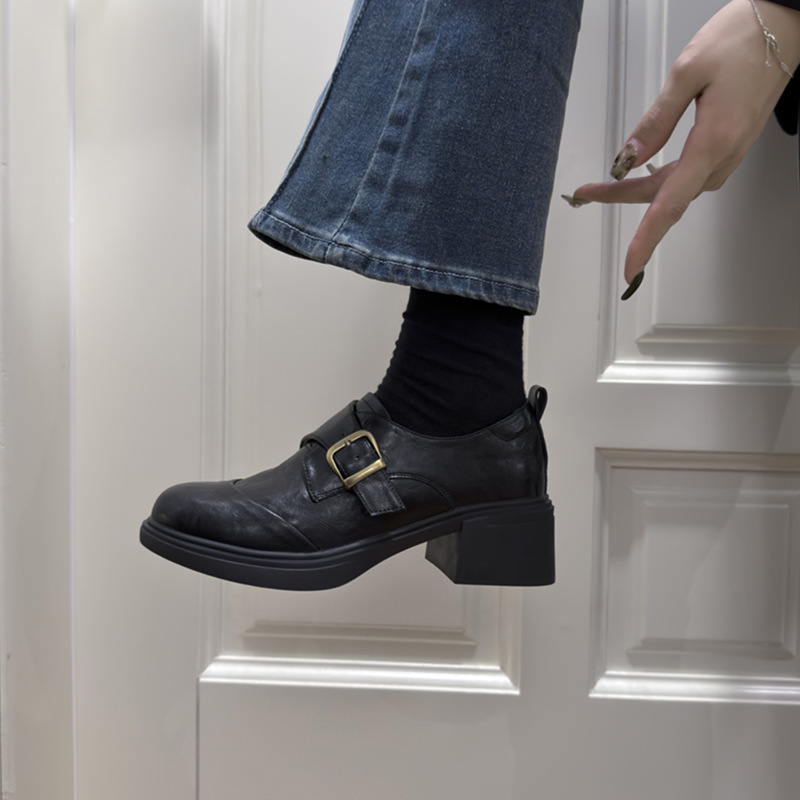 Sheepskin Version ~ Retro Belt Deep-Mouthed Shoes for Women, Simple Work Clothing Thick Heel One-Legged British Style Small Leather Shoes