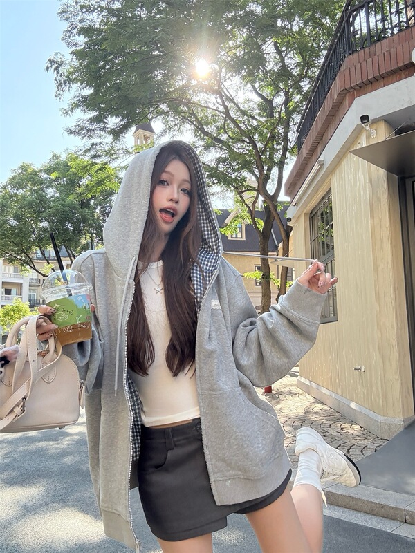 美式慵懒设计感撞色格子连帽卫衣外套女秋季宽松百搭开衫休闲上衣|undefined
