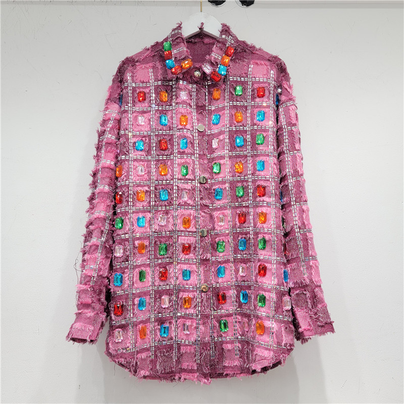 European Collection 2024 Spring New Style Elegant Women's Shirt With Heavy Beaded Rhinestone Embellishments And Plaid_ecoleips.com