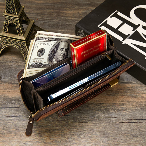 Crazy horse leather men's wallet genuine leather trendy retro long wallet RFID anti-magnetic men's clutch bag genuine leather wallet