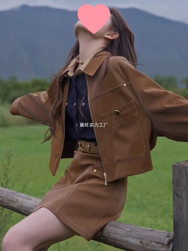 2025秋装美式复古巨好看的棕色翻领麂皮机车服A字短裙两件套装女|undefined