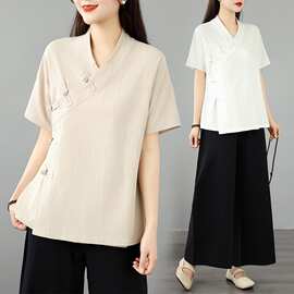 夏棉麻汉服女禅意上衣茶艺禅茶服中式短袖开衫居士服套装