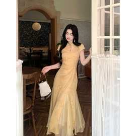 玉穗金澜新中式黄色插片式鱼尾改良旗袍温婉气质连衣裙日常旗袍裙