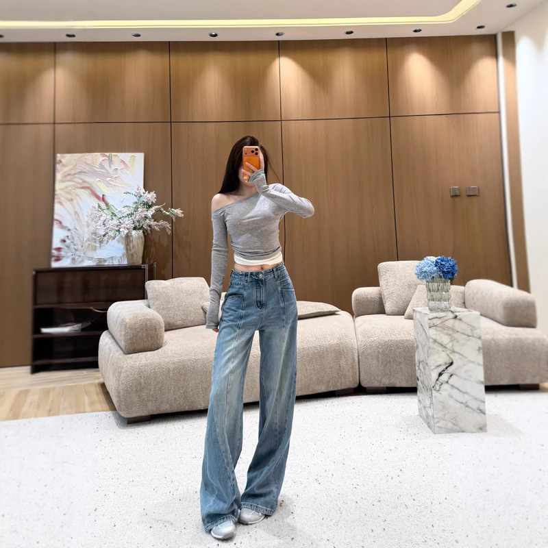 Nanyou Women's Clothing 2026 Early Spring Mm6 New Fashion Long Pants Digital Chain Waist Wide-Leg Jeans for Women Nanyou Women's Clothing 2026 Early Spring Mm6 New Fashion Long Pants Digital Chain Waist Wide-Leg Jeans for Women