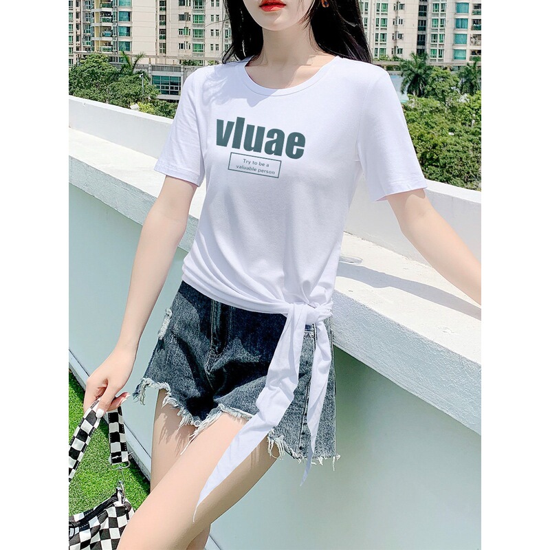 White Irregular Round-Neck T-Shirt for Women, Slim-Fit Short-Sleeve Top, 2026 Summer New Style with Tie Design, Trendy Ins Style White Irregular Round-Neck T-Shirt for Women, Slim-Fit Short-Sleeve Top, 2026 Summer New Style with Tie Design, Trendy Ins Style