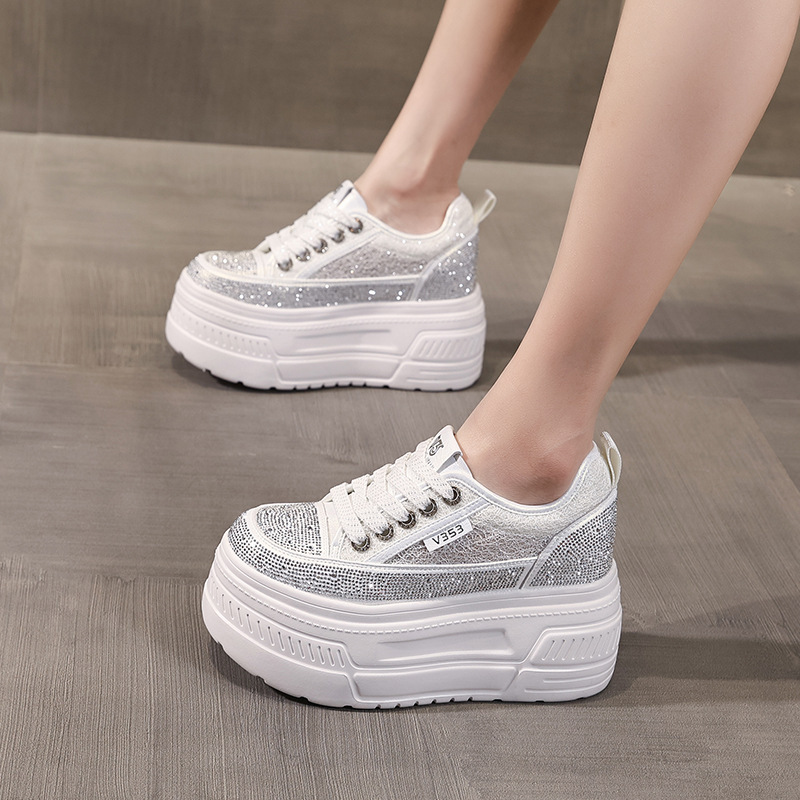 Giày sneaker nữ đế dày tăng chiều cao, phối đá rhinestone trắng, phong cách thể thao — màu trắng