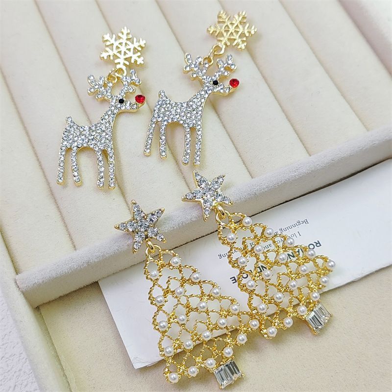 1 Pair IG Style Christmas Tree Snowflake Elk Inlay Alloy Rhinestones Pearl Drop Earrings display picture 6