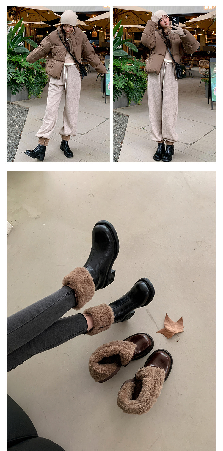 Boot nữ mũi tròn cổ ngắn lót lông giữ ấm gót cao — màu đen chi tiết 18