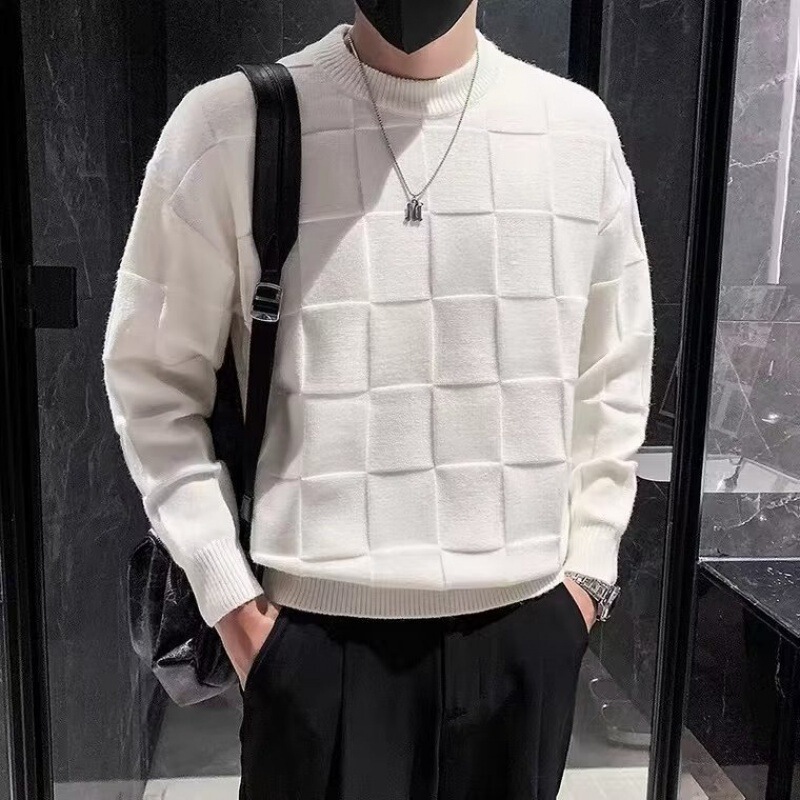 Round Neck Solid Color Plaid Sweater Boys Loose Casual Lazy Style Sweater Sweater Sweater Base Sweater Trend