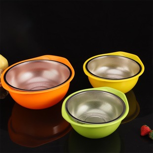 Thickened Stainless Steel Draining Basket Double-Layer Colander Household Kitchen Vegetable Washing Basin Set Fruit and Vegetable Basin Rice Washing Sieve Water Draining Basin
