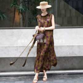 金辉夏复古印花配腰带口袋设计真丝香云纱连衣裙