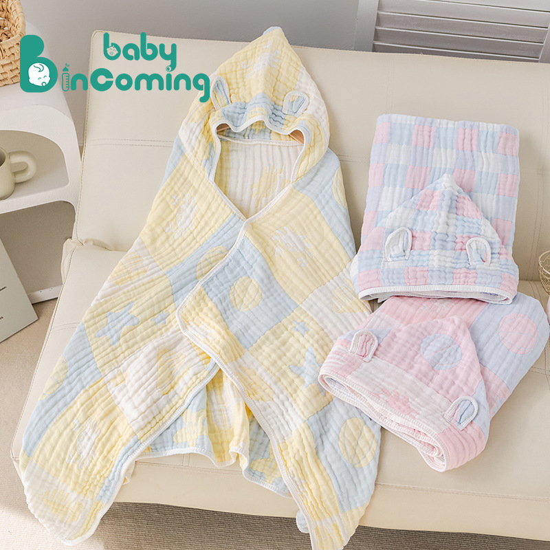 Six-Layer Thickened Bamboo Cotton Gauze Cape Bath Towel, Soft and Breathable, Wearable Hooded Bathrobe for Babies, Baby Bath Towel