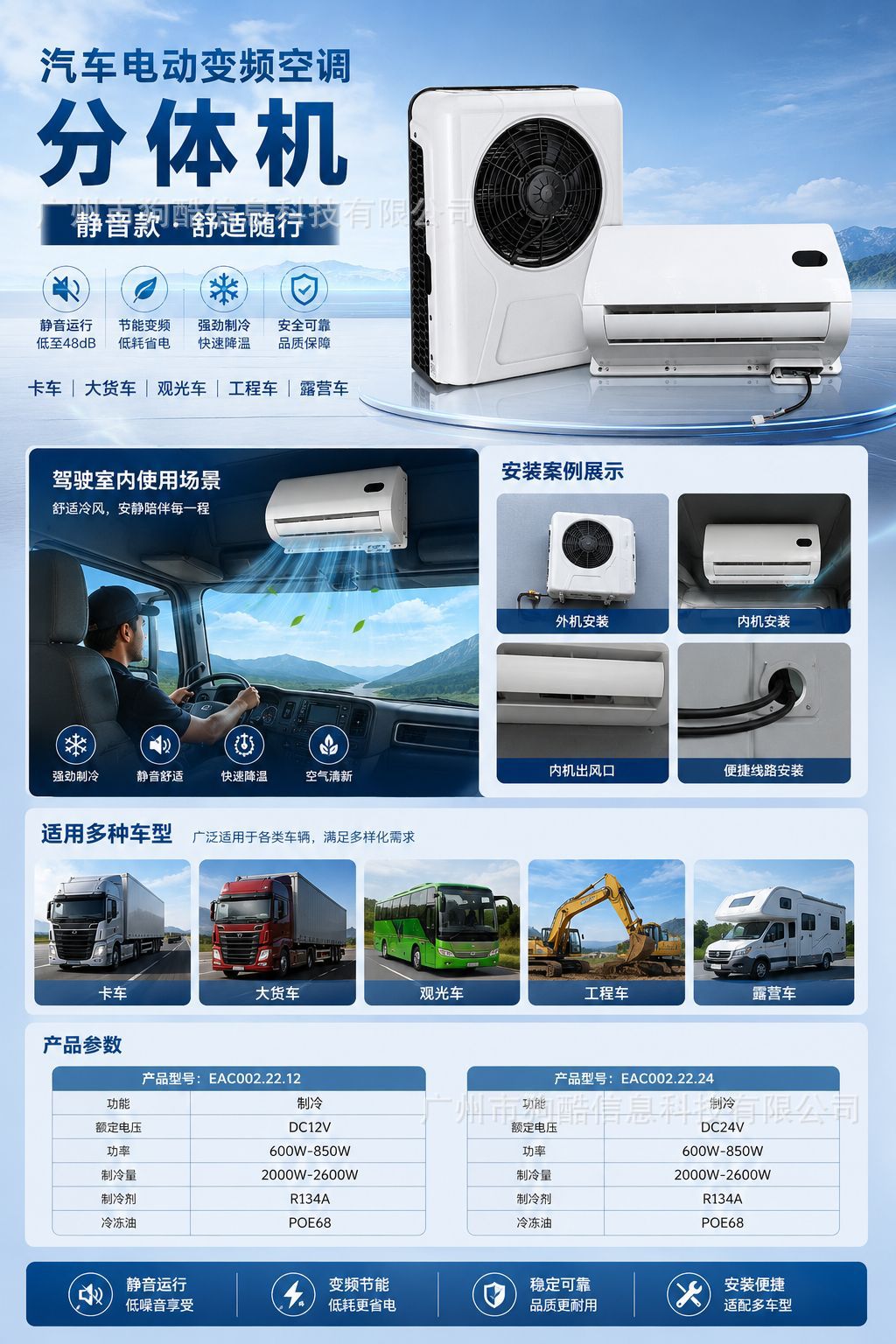 Source Factory 12V/24V Automotive Inverter Air Conditioner Split Unit Cooling Capacity 1800W Truck Parking Cooling Air Conditioner