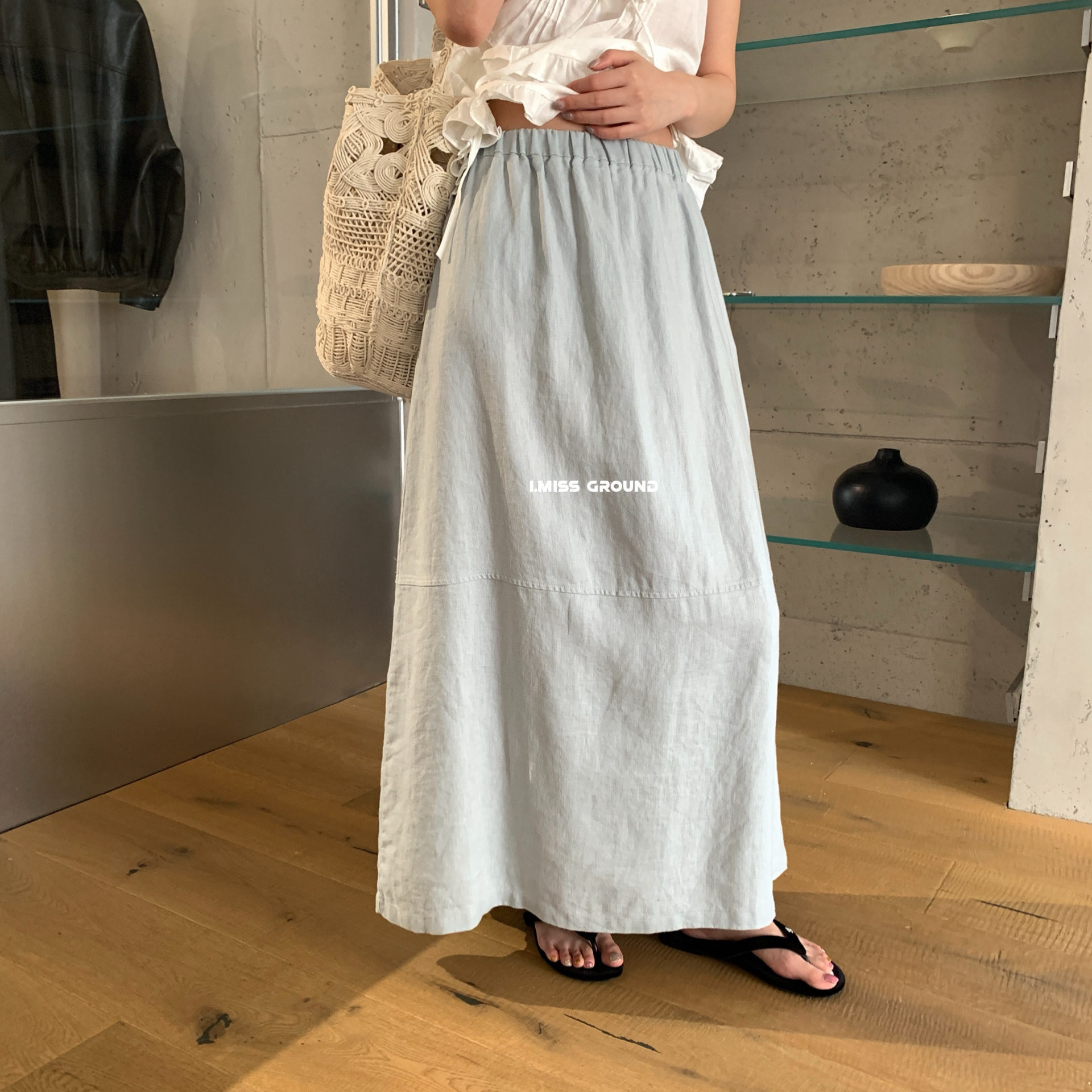 Chân váy midi linen cạp chun nữ phong cách Hàn Quốc — xanh đậm, màu trắng, màu xanh táo, yến mạch