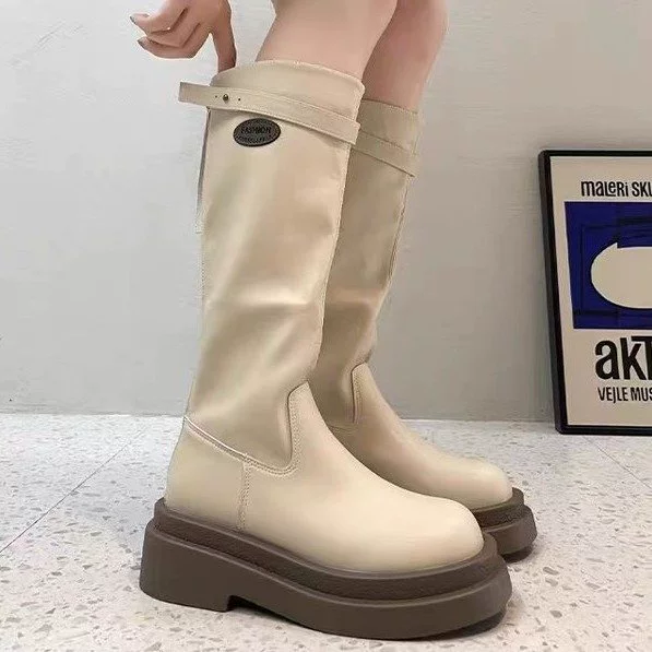 Женские сапоги во французском стиле, осень 2023, новые модные Универсальные в стиле ретро, стильные сапоги на толстой подошве, но узкие сапоги до колена, модные