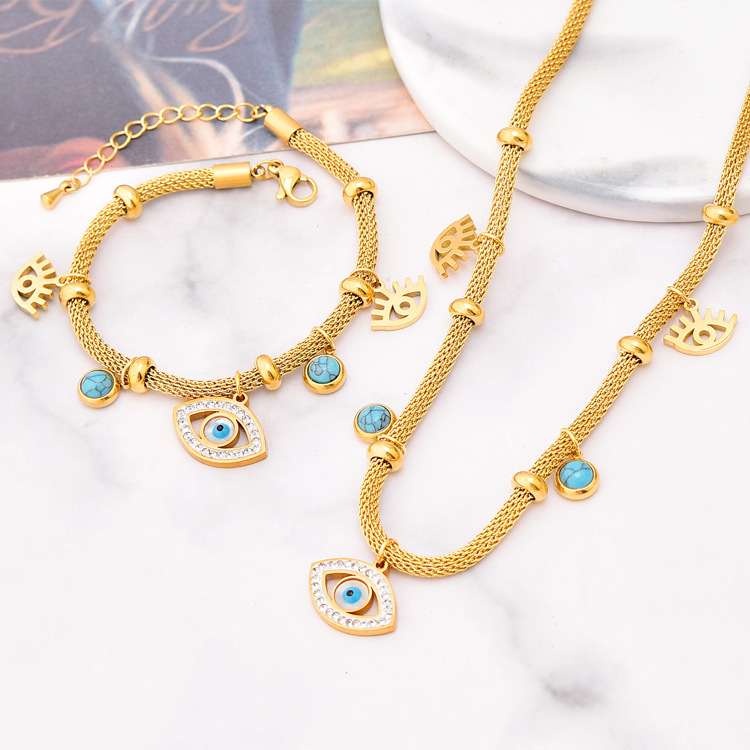 Retro Diamond Devil's Eye Turquoise Pendant Titanium Steel 18K Gold Color Necklace Bracelet Set Factory Wholesale