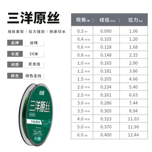 Sanyo raw silk fishing line 50 meters nylon sub-line main line competitive line super soft anti-curl fast-cut water fishing line