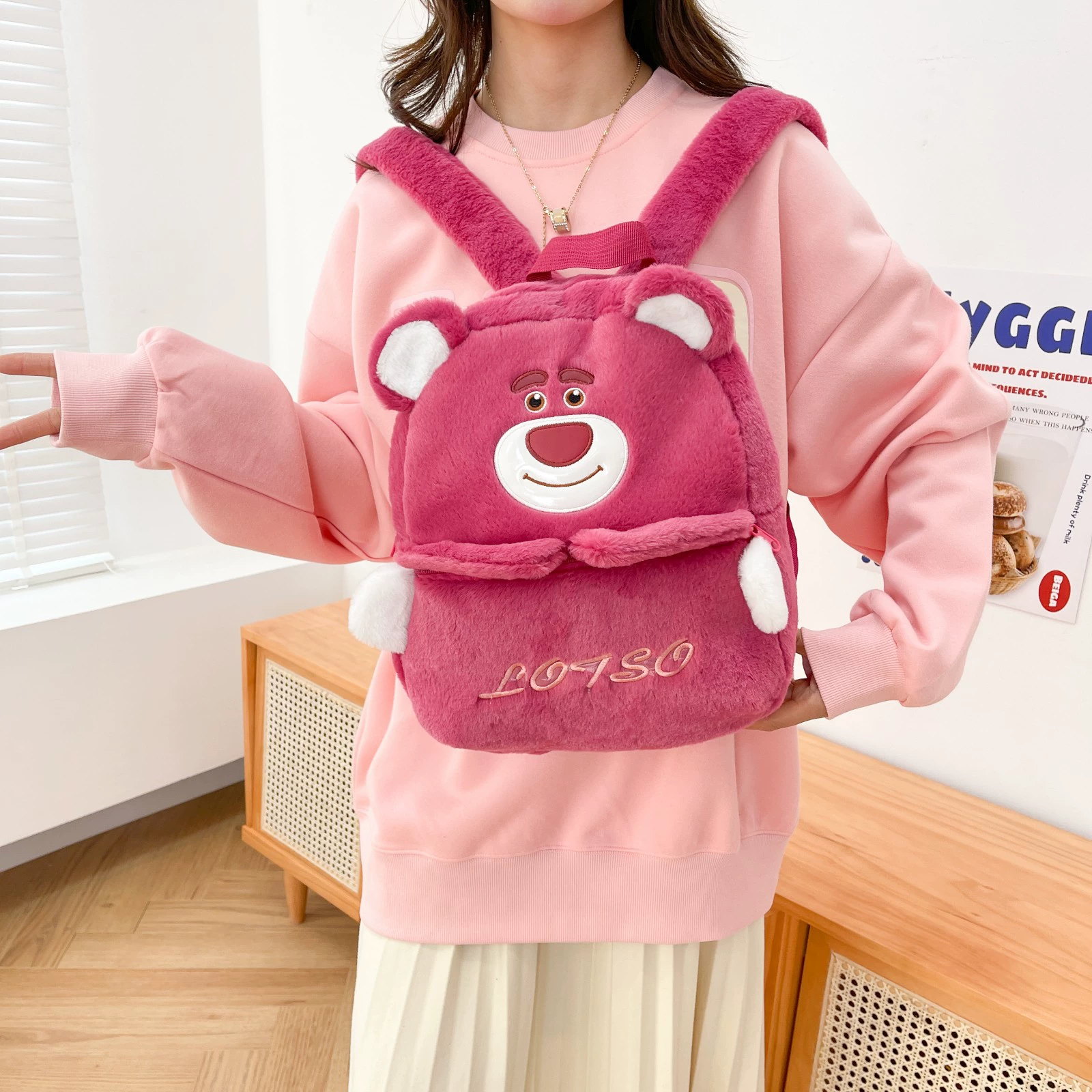 Cartoon universal plush school bag for students, capacious doll, trend backpack