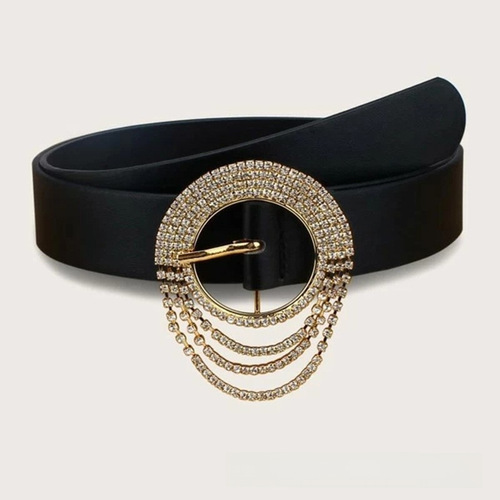 Exaggerated Metal Embellished with Diamonds and Tassels Hairpin Belt Retro Round Alloy Belt for Women Casual Fashion Leather Waist Decor