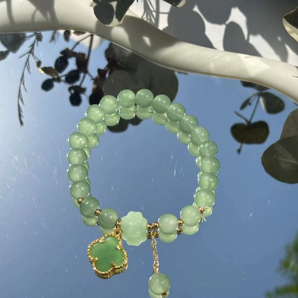S048-Green four-leaf clover Donglin jade beaded bracelet #SZ356