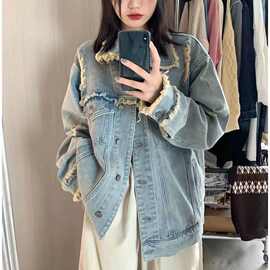 复古毛边做旧破洞牛仔外套女春秋宽松休闲百搭工装夹克上衣潮ins