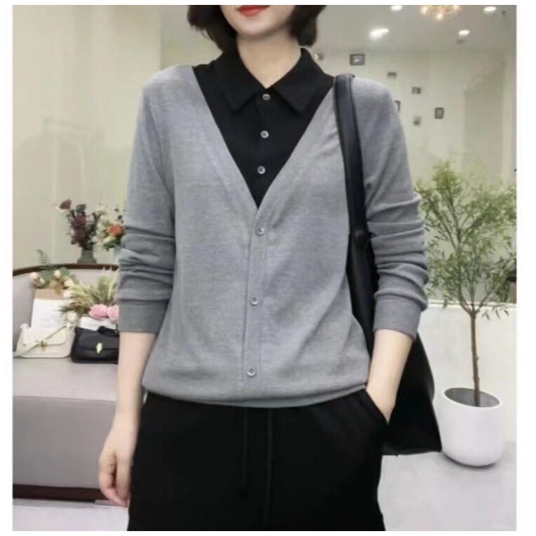 Autumn fake two-piece shirt collar fashion solid color casual plus size long sleeve thread women's clothing 2023 New loose top