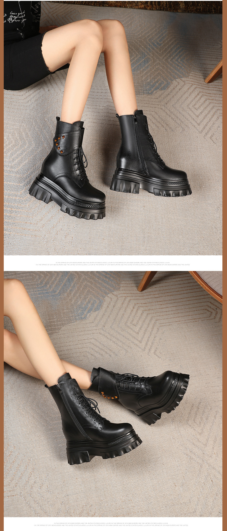 Boot Martin đinh tán cổ cao đế dày độn bên trong gót 10 cm — Màu đen lót nhung chi tiết 7