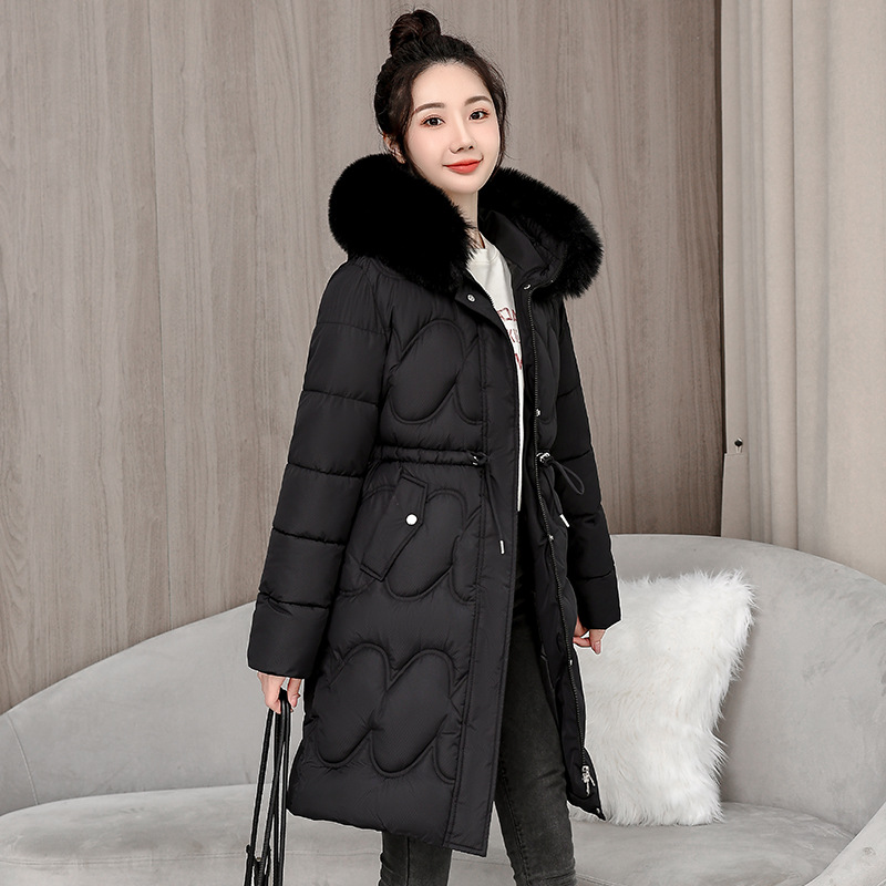 Invierno nuevo tipo de ropa de algodón gruesa media y larga mujer estilo coreano sobre la rodilla cintura delgada chaqueta de algodón de cuello caliente abrigo de pluma