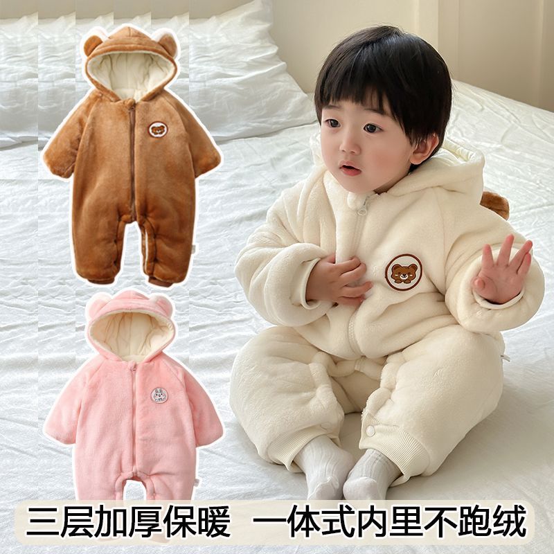 婴儿秋冬季加绒加厚连体衣超萌可爱法兰绒哈衣爬服宝宝外出防寒服