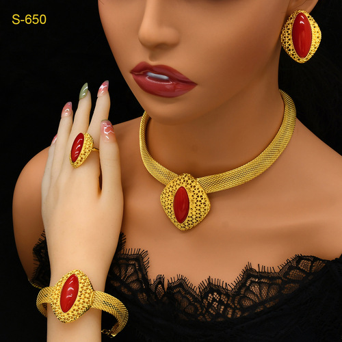 Cross-border best-selling 24k gold jewelry earrings  jewelry set Middle Eastern Dubai bride necklace earrings hand