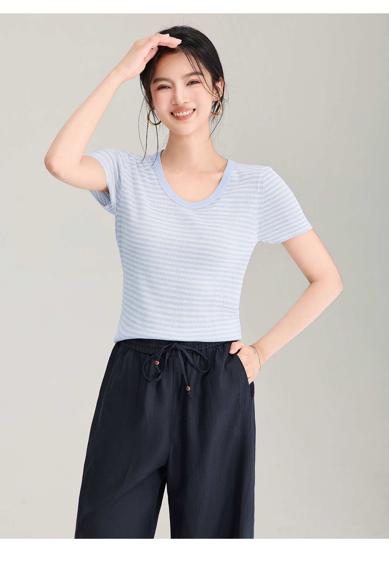 Áo thun nữ cổ U dệt kim sợi lanh siêu mịn tay ngắn — màu thiên thanh chi tiết 26