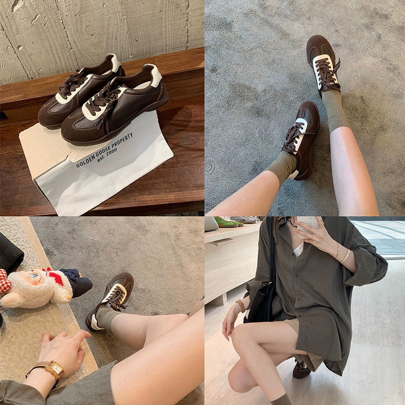 牛皮葡萄妈同款系带拼色圆头百搭休闲运动鞋女真皮板鞋增高德训鞋|undefined