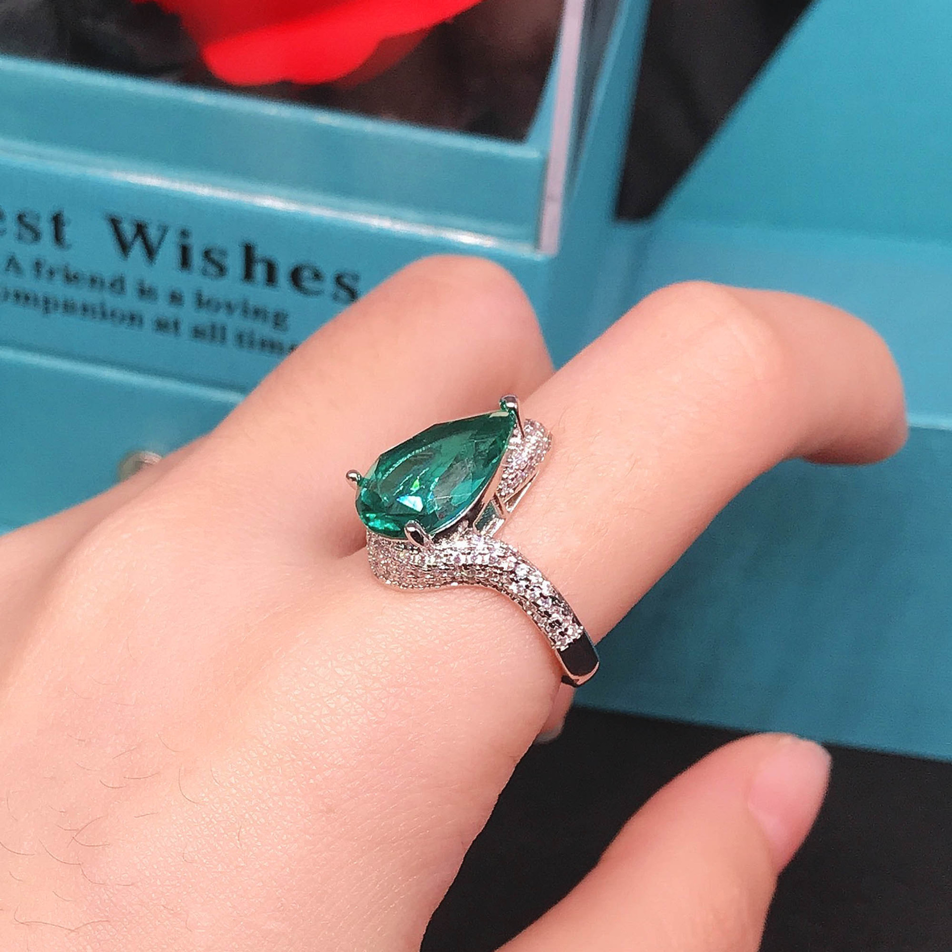 Live Broadcast New Simulation Palaiba Tourmaline Ring Big Carat Water Drop Pear-shaped Synthetic Colored Gems Open Ring display picture 8
